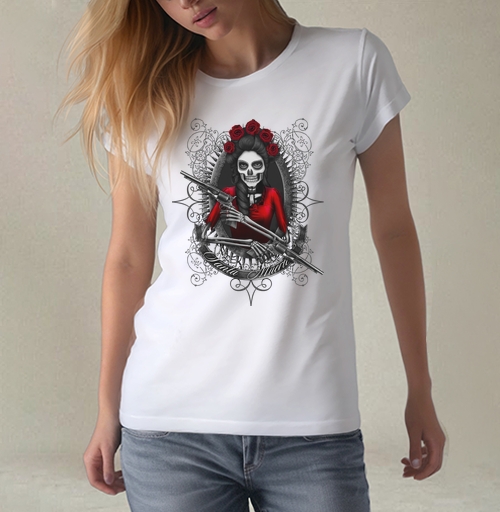 Фотография футболки Картина Santa Muerte: мистический скелет в красном платье