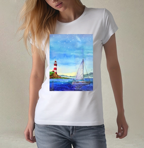Фотография футболки Яхта и маяк в море