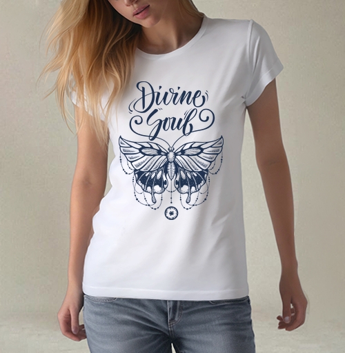 Фотография футболки Изящная бабочка с надписью божественная душа Divine Soul
