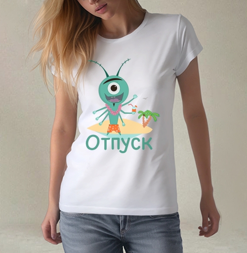 Фотография футболки Весёлый зелёный циклоп отдыхает на острове под пальмой в отпуск