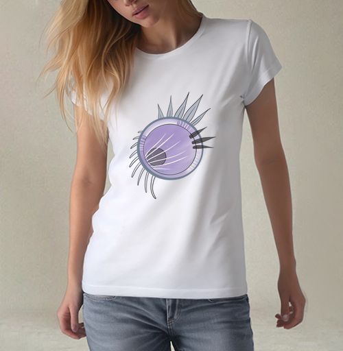 Фотография футболки Фиолетовый глаз с ресницами и световыми бликами несмотря на серый фон