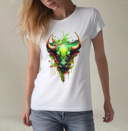 Фотография футболки Зеленая голова быка с брызгами на фоне динамики краски
