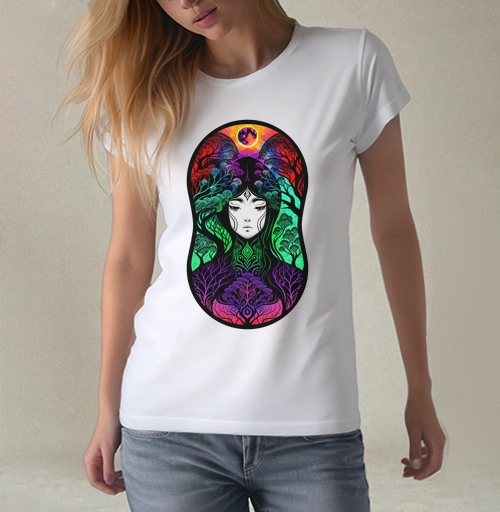 Фотография футболки Ветвление Деревьев Под Луной с Портретом Девушки из Аниме Ночью