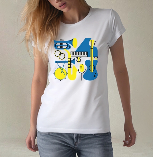 Фотография футболки Музыкальные инструменты синие желтые и черные на сером фоне