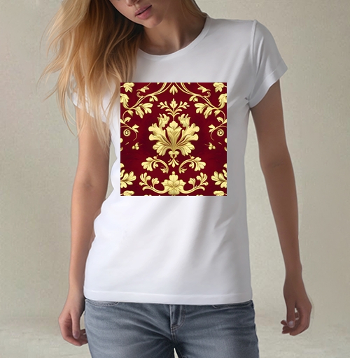 Фотография футболки Золотой дамасский узор на темном бордовом фоне Golden damask pattern