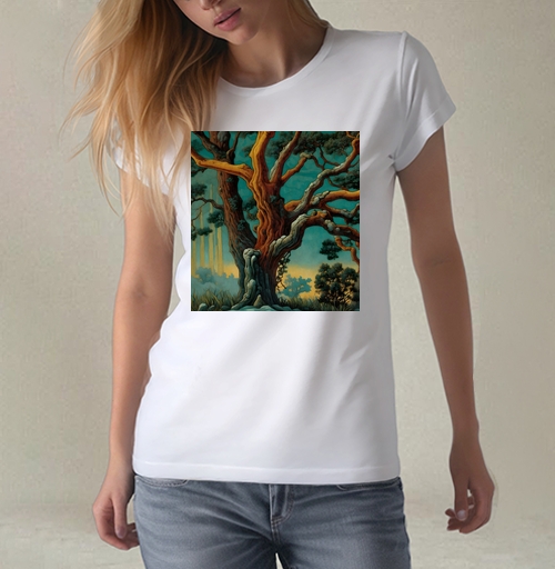 Фотография футболки Golden tree in turquoise forest / Золотое дерево в бирюзовом лесу