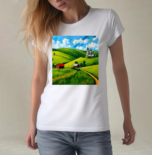 Фотография футболки Village Summer Landscape - Летний сельский пейзаж с золотыми куполами церкви