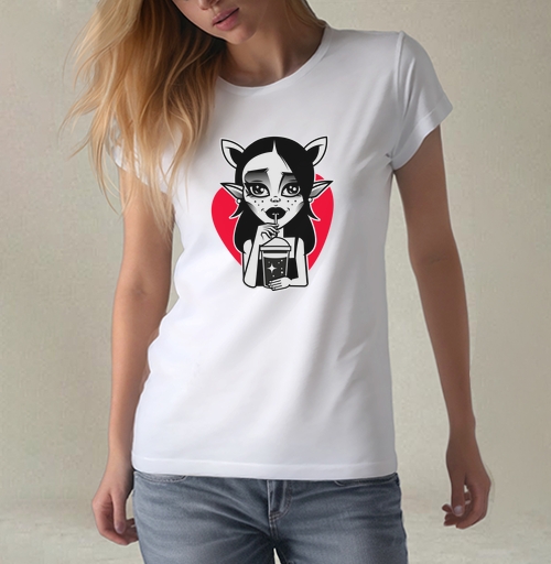 Фотография футболки Gothic Elf / Девушка эльф пьет коктейль на фоне яркого алого сердца