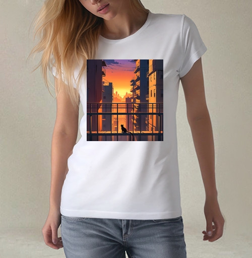 Фотография футболки Silhouette Cat Watching City Sunset Силуэт кота смотрящего на закат города