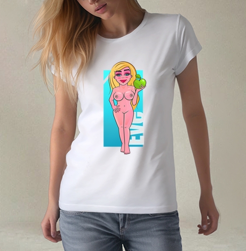 Фотография футболки Nude Eve Apple / Красивая блондинка с сочным зеленым яблоком Ева Искушение Сад