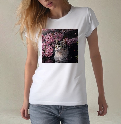 Фотография футболки Cat in sakura – Полосатый кот среди розовых лепестков Кот сакура вишня