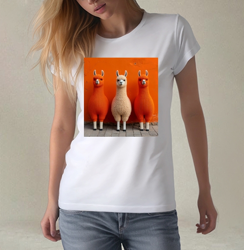 Фотография футболки Llamas in orange sweaters / Ламы в ярких свитерах у оранжевой стены