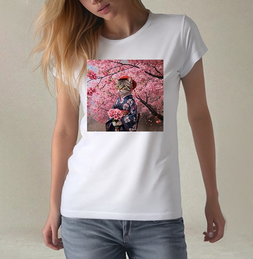 Фотография футболки Кот в кимоно с цветами сакуры