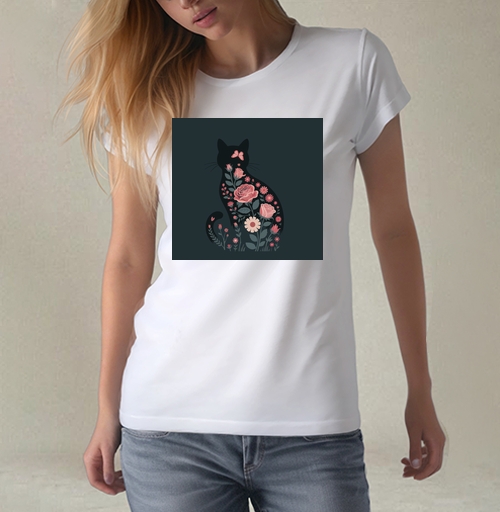 Фотография футболки Изящный грациозный силуэт черного кота в розах Floral cat rose
