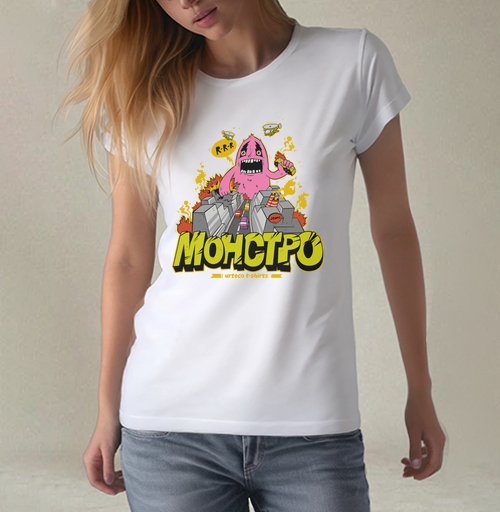 Фотография футболки Энергичный Pink Monster / Розовый монстр рушит серый город и мегаполис в огне