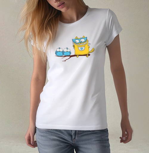 Фотография футболки Yellow Superhero Cat / Желтый супергерой кот угрожает маленьким синим птичкам