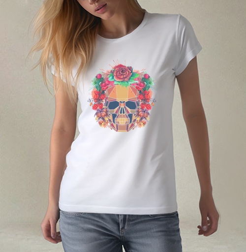 Фотография футболки Polygonal human skull and watercolor wreath.Los muertos.
