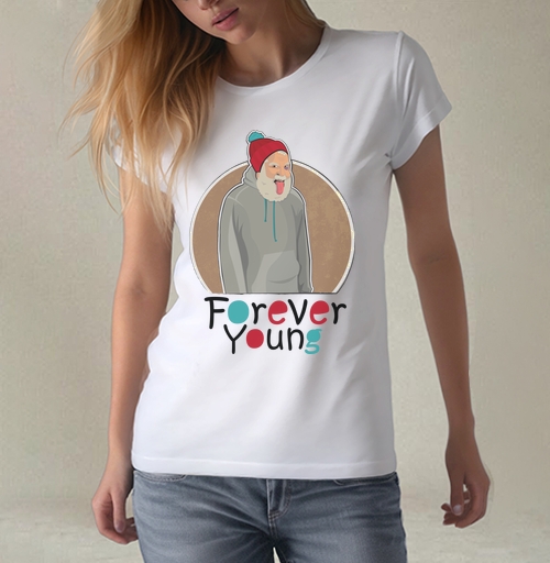 Фотография футболки Веселый старик Forever Young с яркой шапкой