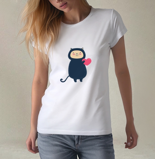 Фотография футболки Милый котик с розовым сердцем в kawaii стиле