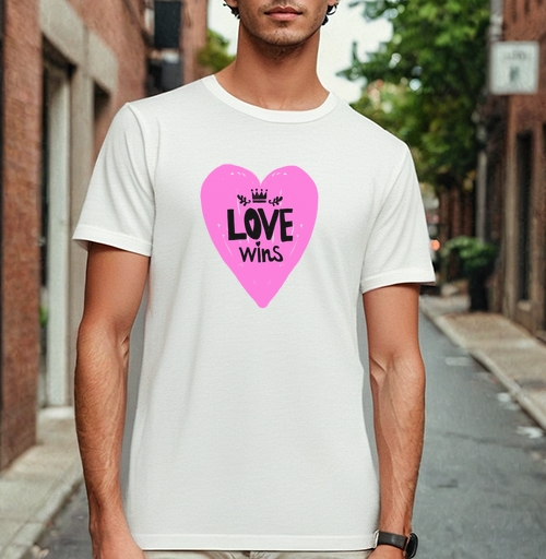 Фотография футболки LOVE wins яркое розовое сердце с короной