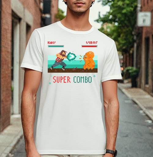 Фотография футболки Энергичная битва в пиксель-арт стиле с SUPER COMBO