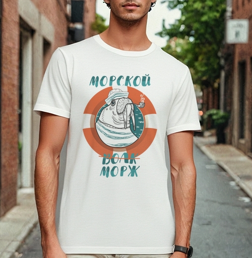 Фотография футболки Морж в морском стиле с капитанской шапкой
