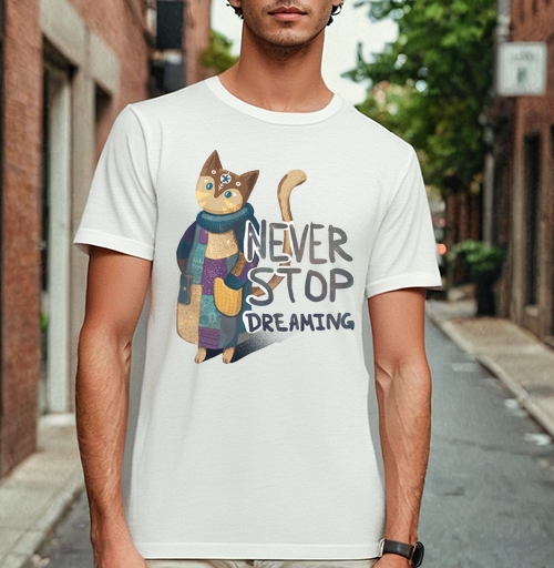 Фотография футболки Яркая вдохновляющая стилизованная кошка NEVER STOP DREAMING