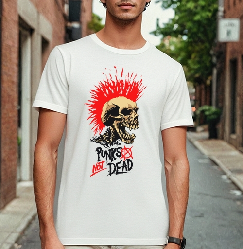 Фотография футболки Агрессивный череп с красным ирокезом «Punks Not Dead»