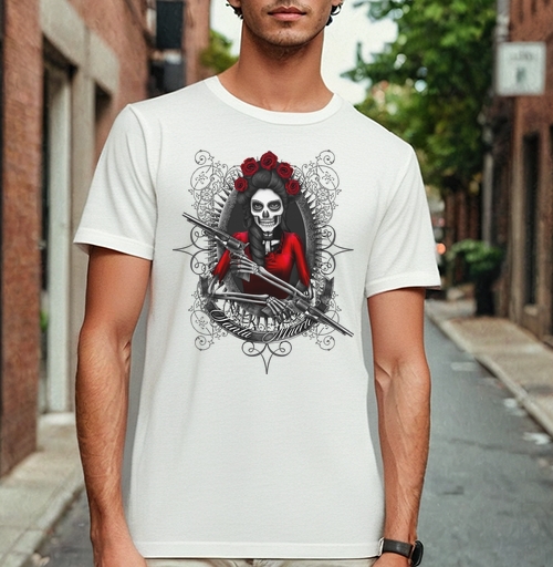 Фотография футболки Картина Santa Muerte: мистический скелет в красном платье