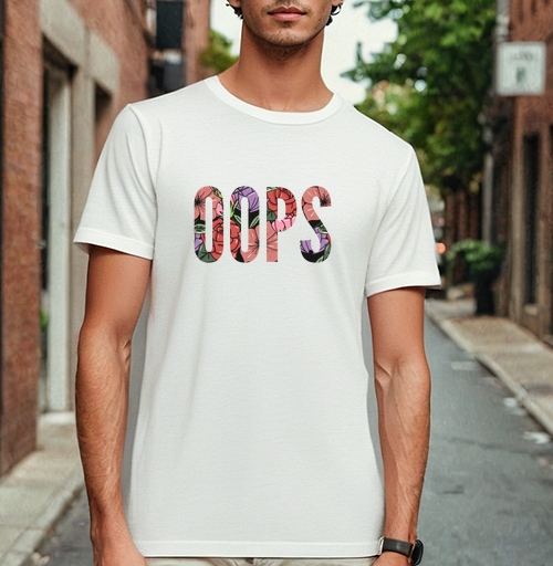 Фотография футболки Цветочная Надпись Ошибка OOPS на Сером фоне