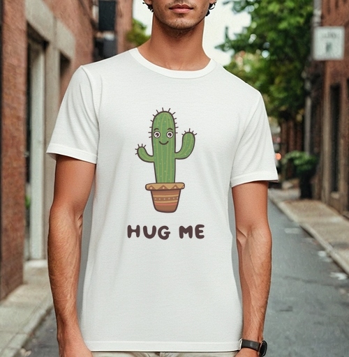 Фотография футболки Зелёный улыбающийся кактус просит обниматься Hug Me