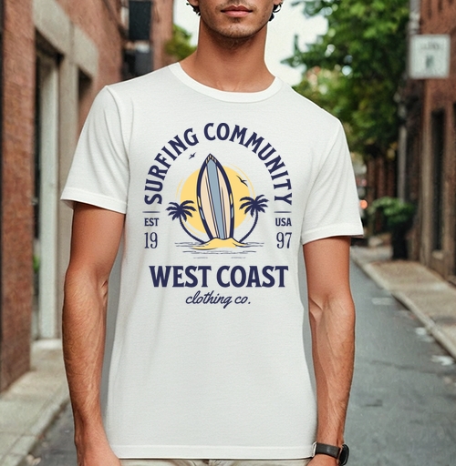 Фотография футболки Ретро логотип Surfing Community с пальмами и солнцем