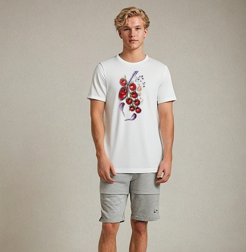 Фотография футболки Свежие красные помидоры на ветке с приправами для готовки