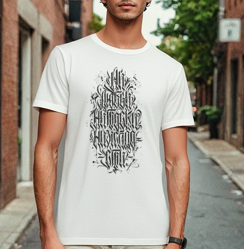 Фотография футболки Каллиграффити «ALL EVERYTHING IS STYLE» – Мрачная элегантность