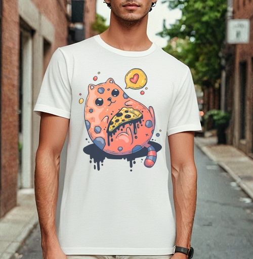 Фотография футболки Милый кот с гигантской пиццей в стиле Creepy Cute