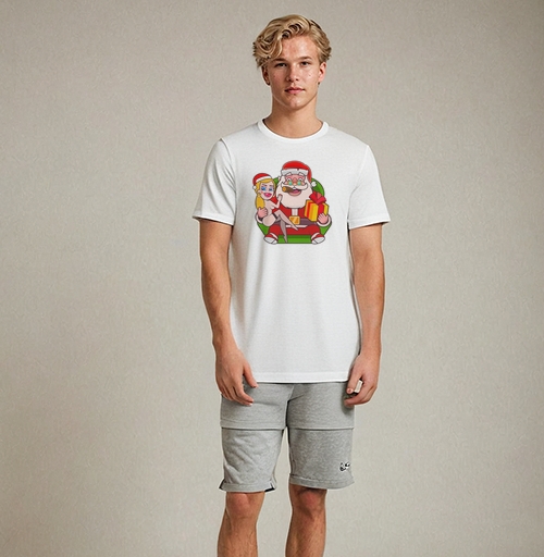 Фотография футболки Веселый Санта Клаус и красивая Снегурочка на Рождество, Новый Год