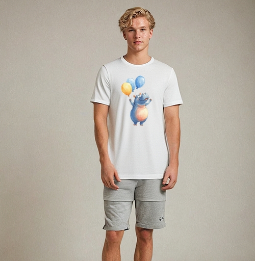 Фотография футболки Watercolor Blue Hippo with Balloons / Акварельный бегемот с шариками