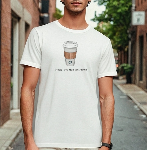 Фотография футболки Кофе мой двигатель на белом стакане с сердцем / Coffee is my motor
