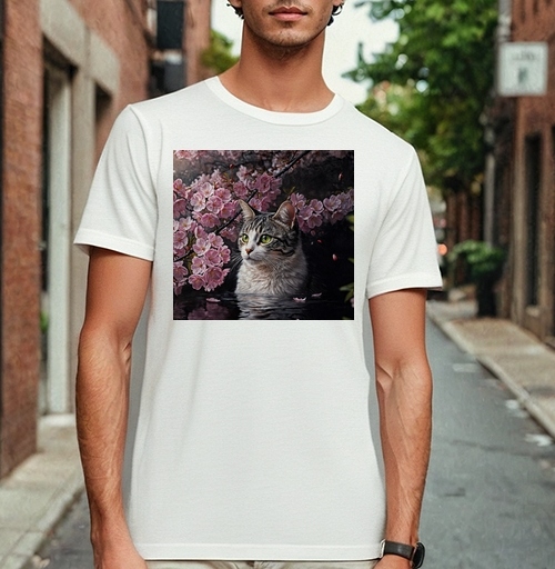 Фотография футболки Cat in sakura – Полосатый кот среди розовых лепестков Кот сакура вишня