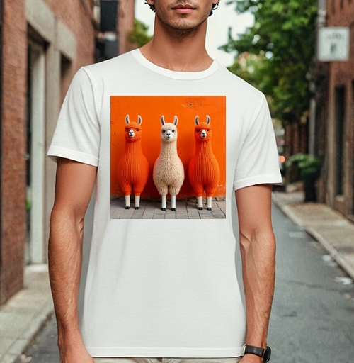 Фотография футболки Llamas in orange sweaters / Ламы в ярких свитерах у оранжевой стены