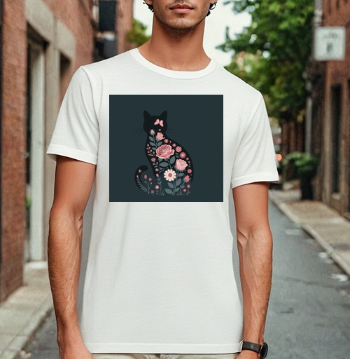 Фотография футболки Изящный грациозный силуэт черного кота в розах Floral cat rose