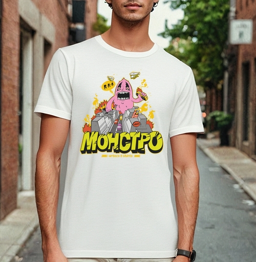 Фотография футболки Энергичный Pink Monster / Розовый монстр рушит серый город и мегаполис в огне
