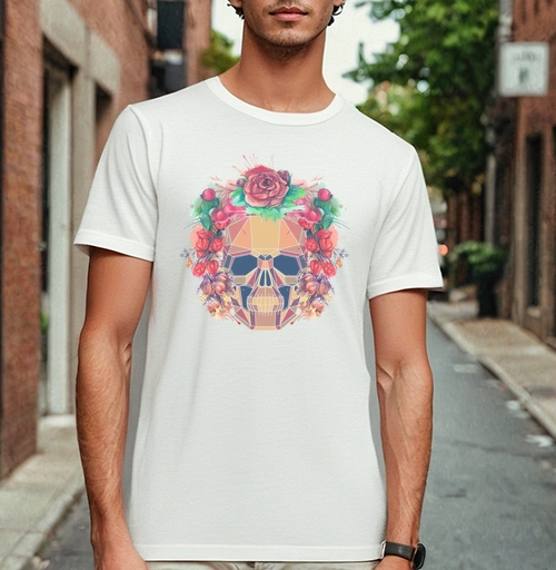 Фотография футболки Polygonal human skull and watercolor wreath.Los muertos.
