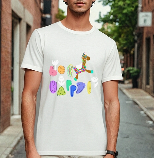Фотография футболки Яркая игрушка-конь с позитивной надписью Be Happy