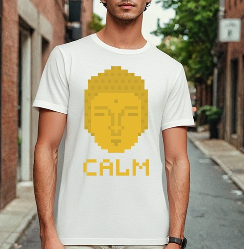 Фотография футболки Пиксельное Лицо Будды с Надписью Calm