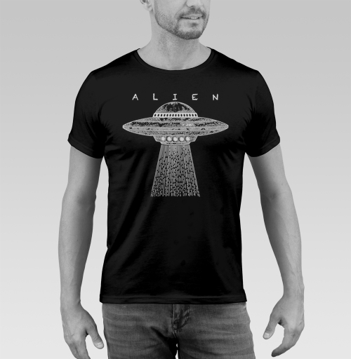 Фотография футболки Винтажный НЛО с лучом света и надписью ALIEN