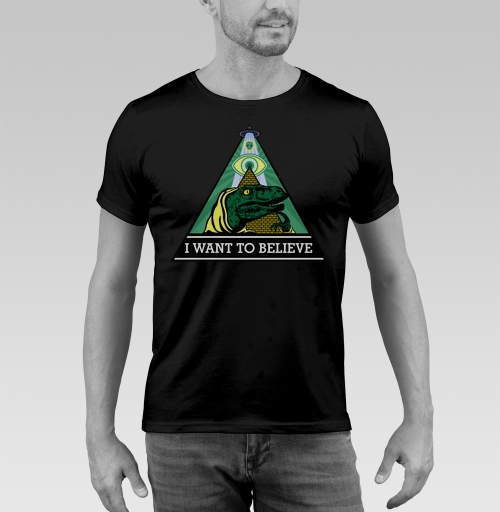 Фотография футболки Велоцираптор Иллюминат с Надписью I WANT TO BELIEVE