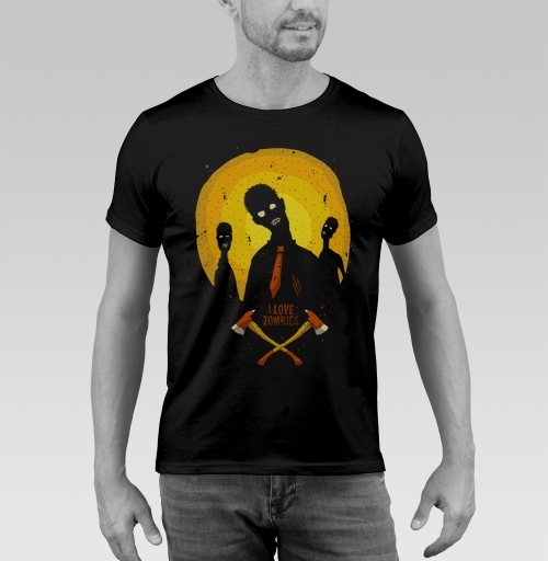 Фотография футболки Зомби в галстуке на фоне луны с топорами I LOVE ZOMBIES