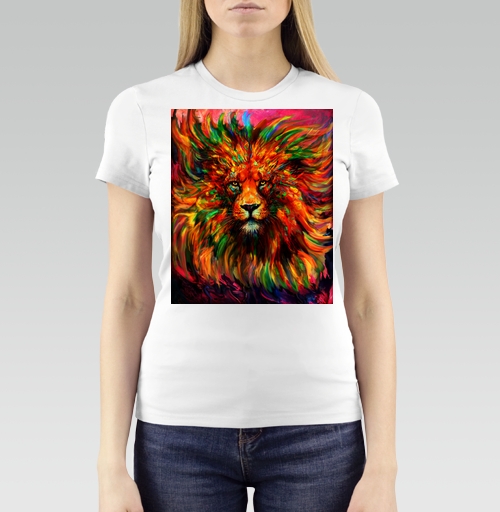 Женская футболка с рисунком Лев красочный 184212, размер 40 (XS) &mdash; 52 (3XL), цвет белый - купить в интернет-магазине Мэриджейн в Москве и СПБ