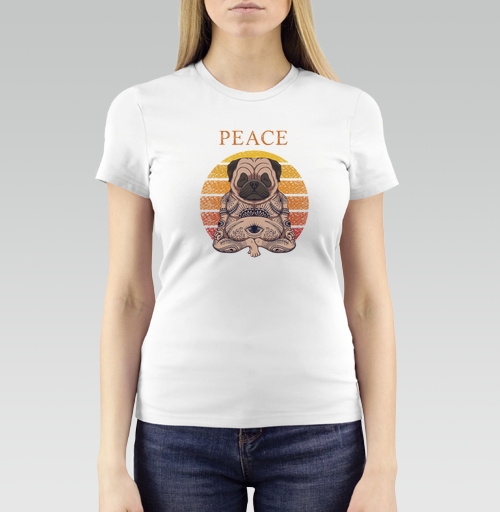 Женская футболка с рисунком Медитирующий мопс 184293, размер 40 (XS) &mdash; 52 (3XL), цвет белый - купить в интернет-магазине Мэриджейн в Москве и СПБ